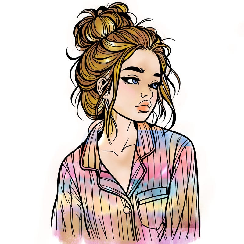 realistic woman with pajamas on and a messy bun
