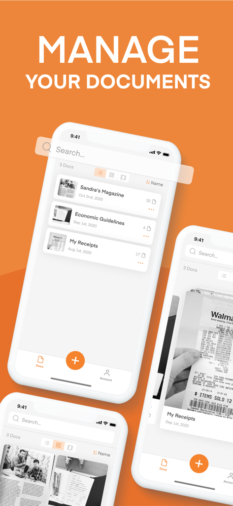Scanner Vault mobile App-Oberfläche zur Organisation und Verwaltung von gescannten PDF-Dokumenten
