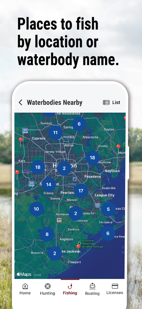 Texas Outdoor Annual - A mobile app screen showing a map of Texas with nearby fishing locations and waterbody clusters.