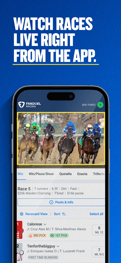 FanDuel Racing app showing a live horse race stream and betting interface
