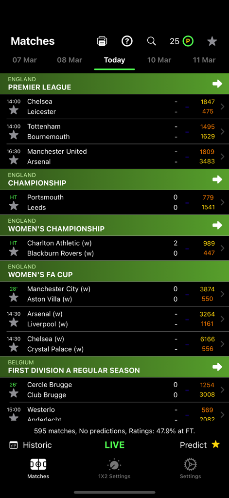 Dashboard con risultati live di calcio e valutazioni delle squadre dell'app 1X2 Predict