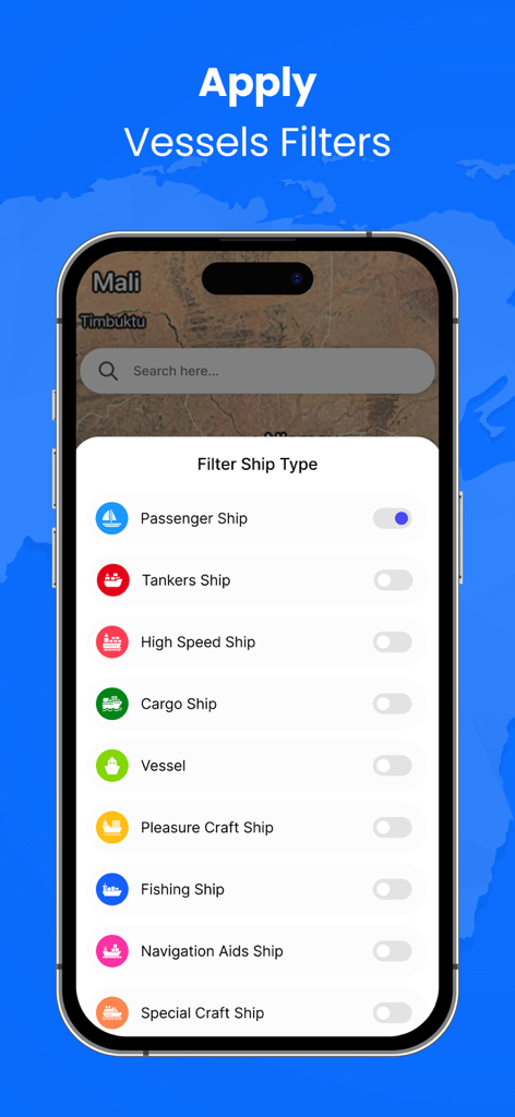 Screenshot of the Ship Tracker app showing a menu to filter vessel types such as passenger ships, tankers, and cargo ships
