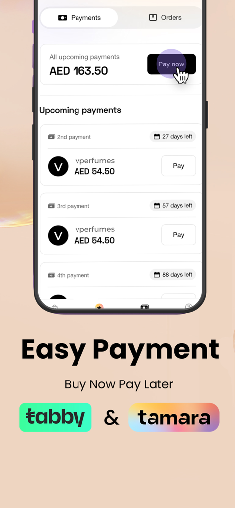 V Perfumes:Buy Perfumes Online - V Perfumes app interface showing easy payment and buy now pay later options with Tabby and Tamara