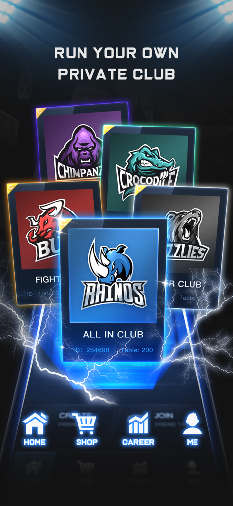 Un menu che mostra diversi loghi di club di poker personalizzati, tra cui un gorilla, un coccodrillo, un toro e un rinoceronte, sotto il testo 'Gestisci il Tuo Club Privato'.