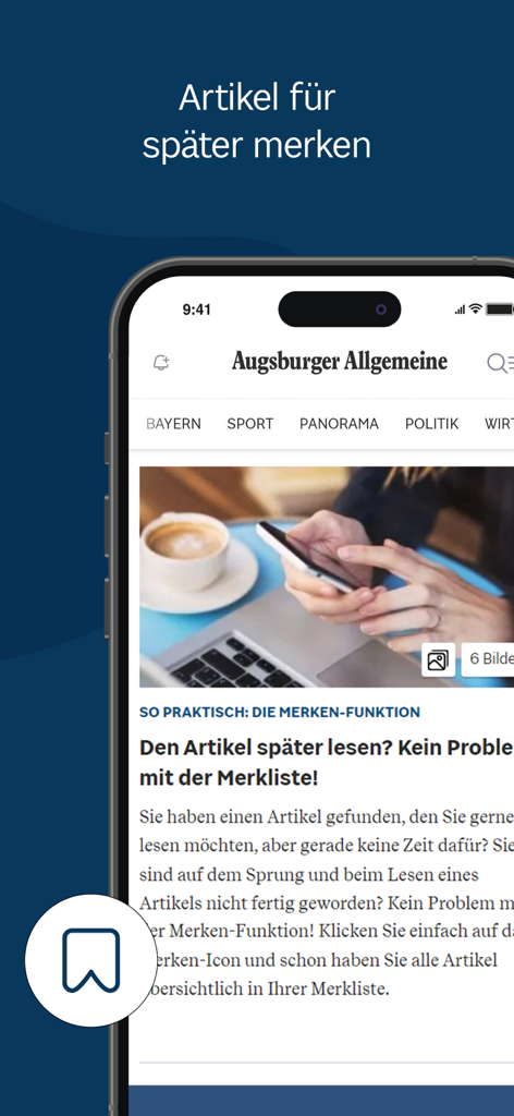 Augsburger Allgemeine News - Interfaz de la aplicación Augsburger Allgemeine News en un smartphone que resalta la función de marcadores para guardar artículos para leer más tarde.