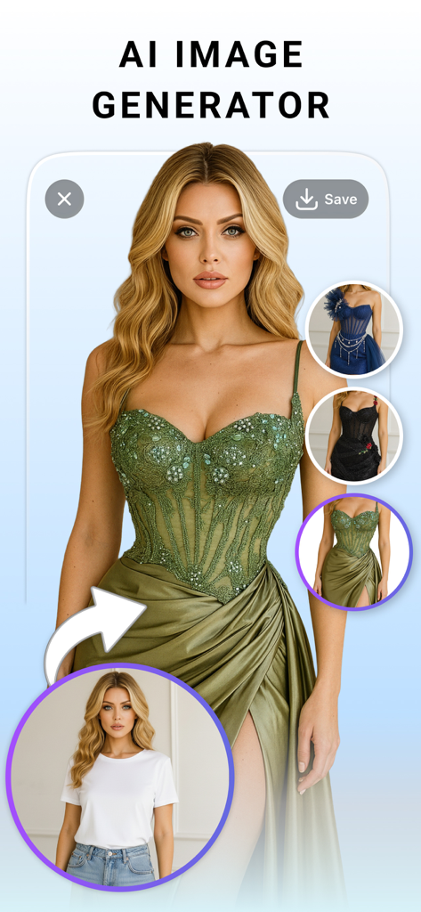 LightX: AI Photo & Body Editor - Generador de Imágenes con IA de LightX mostrando un cambio de vestuario de una camiseta blanca a un vestido verde
