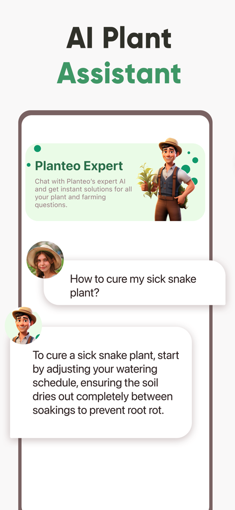 Plant ID: Plant Identifier AI - KI-Pflanzenassistenten-Chat-Oberfläche mit fachkundigen Pflegetipps für eine kranke Bogenhanfpflanze.