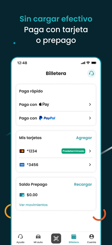 Pantalla de cartera de la app de estacionamiento Parco que muestra opciones de pago digital, incluyendo Apple Pay y tarjetas de crédito
