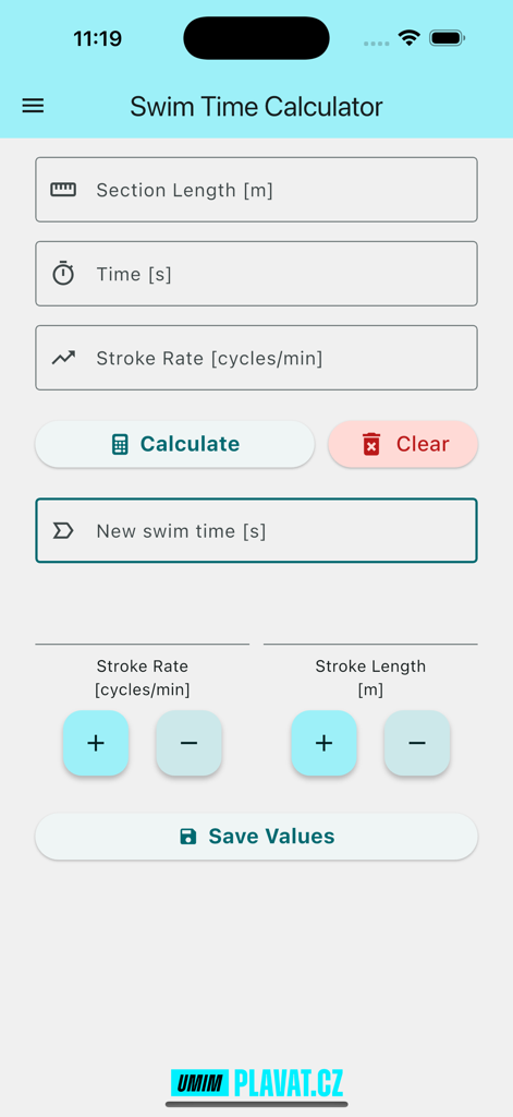 Swim Time Calculator - Interfaz de la Calculadora de Tiempo de Natación para la optimización de la cadencia y longitud de brazada