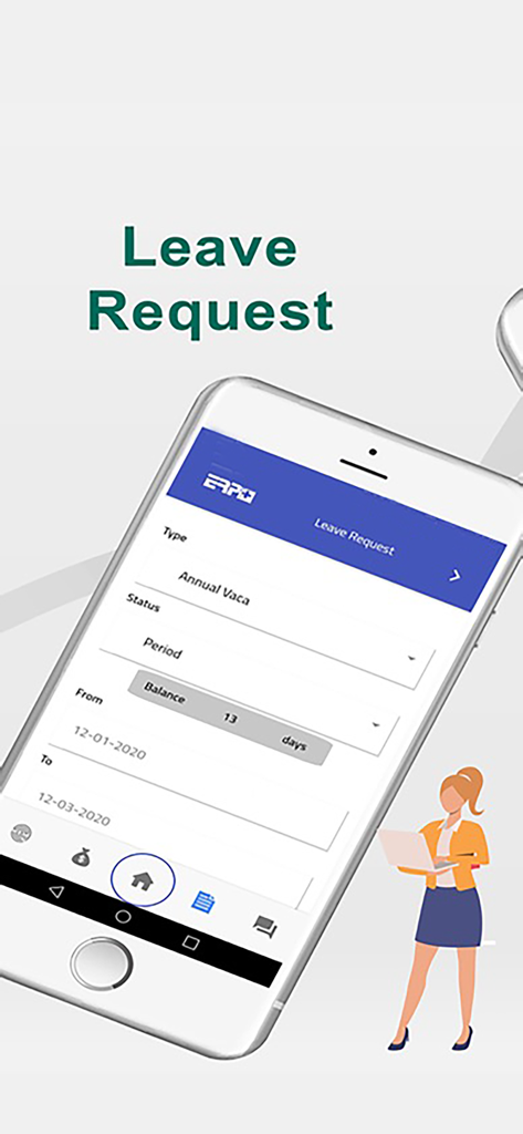 HR ERP+ - HR ERP plus mobile app interface showing a leave request form with vacation dates and balance