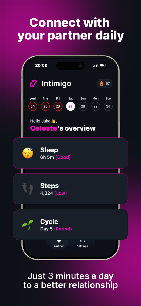 Couple Tracker - Intimigo - Intimigoアプリのスマートフォン表示。睡眠や周期データなどのパートナーの健康指標を表示