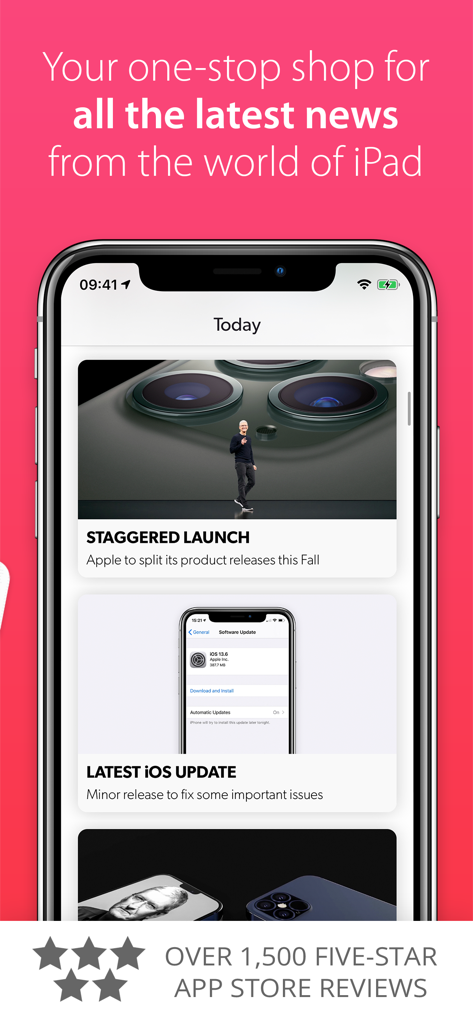 Tips & Tricks Pro - for iPad - Screenshot of the Tips and Tricks Pro app showing a news feed with articles about Apple product launches and iOS updates.