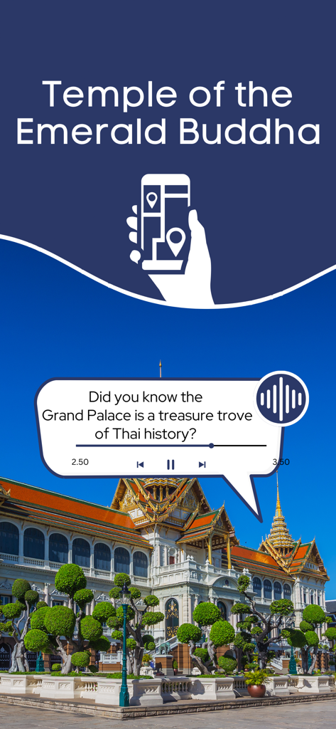The Grand Palace Bangkok Guide - Interfaz de la aplicación Guía del Gran Palacio de Bangkok que muestra un tour de audio del Templo del Buda de Esmeralda en Tailandia