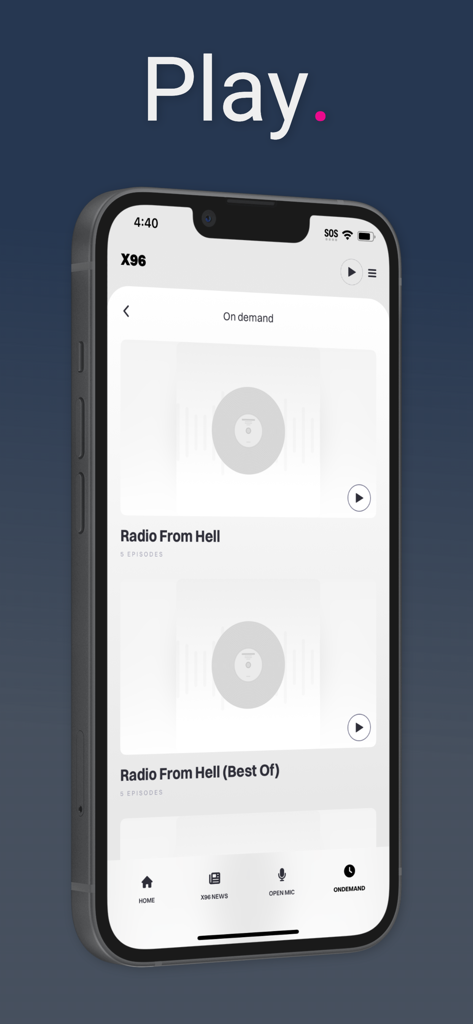 The On Demand screen of the X96 radio app featuring episodes of the Radio From Hell morning show.