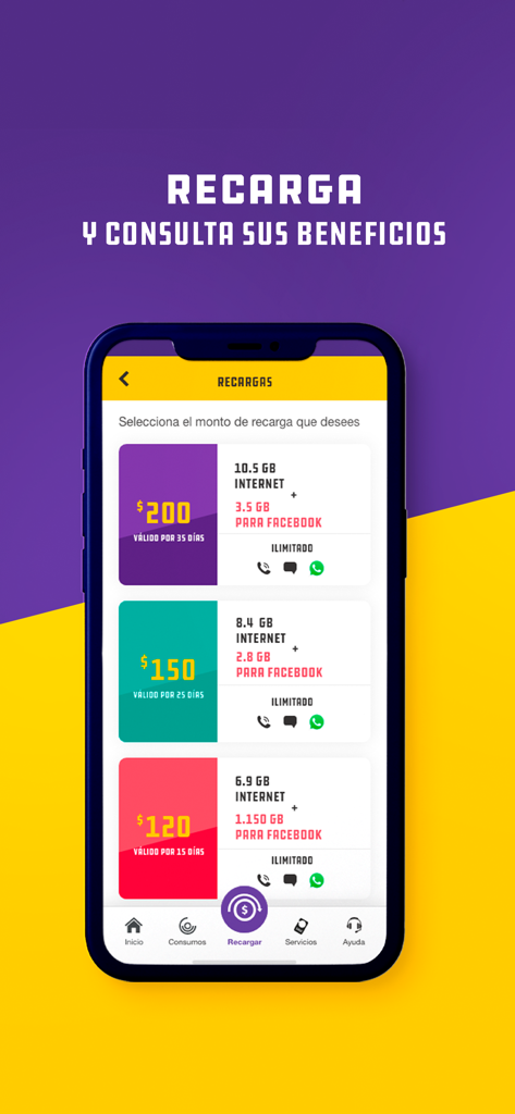 Mi Unefon - Pantalla de la aplicación móvil Mi Unefon que muestra diferentes planes de recarga prepago y paquetes de datos