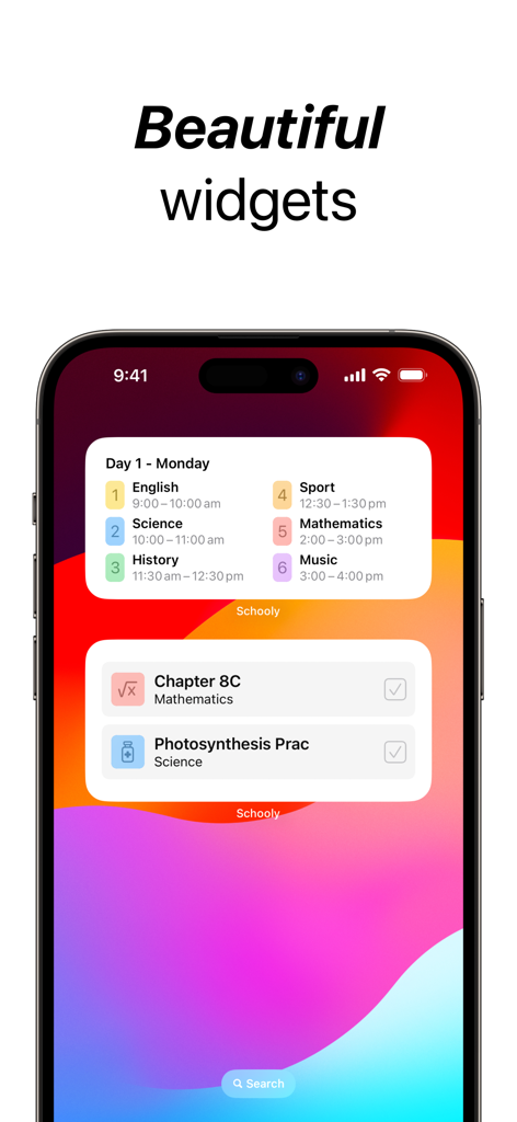 iPhone-Homescreen mit Schooly-Widgets, die einen täglichen Stundenplan und eine Aufgabenliste für Studenten anzeigen