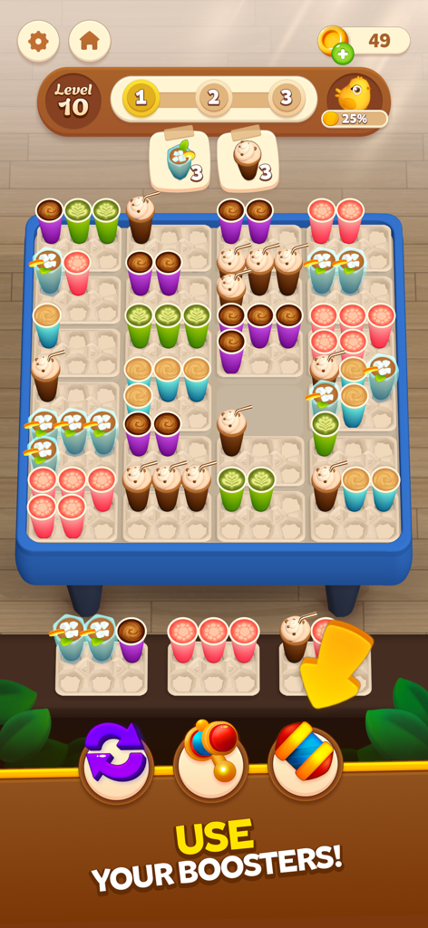 Screenshot of Coffee Pack puzzle game showing sorting levels and power up boosters