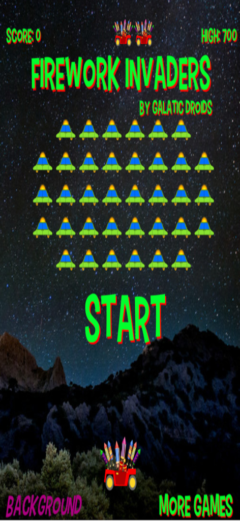 Firework Invaders Pro - Firework Invaders Pro start screen with retro alien invaders and a starry night sky background