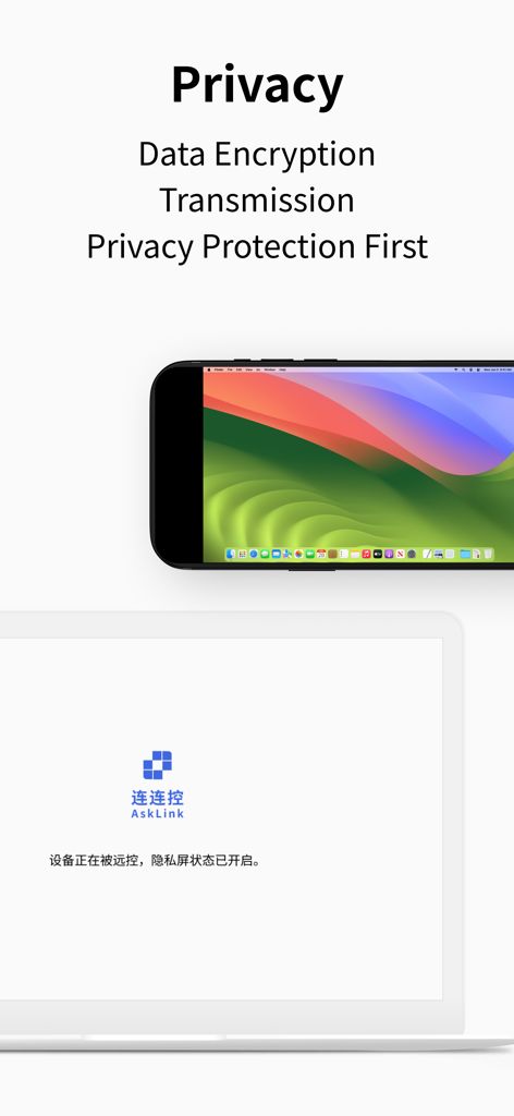 AskLink remote desktop interface showing privacy protection and data encryption features