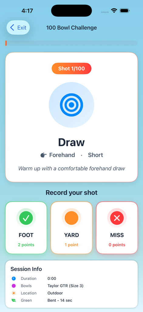 Torny - Pantalla de la aplicación Torny para rastrear el desafío de 100 bolas de bolos sobre césped con registro de rendimiento de tiros