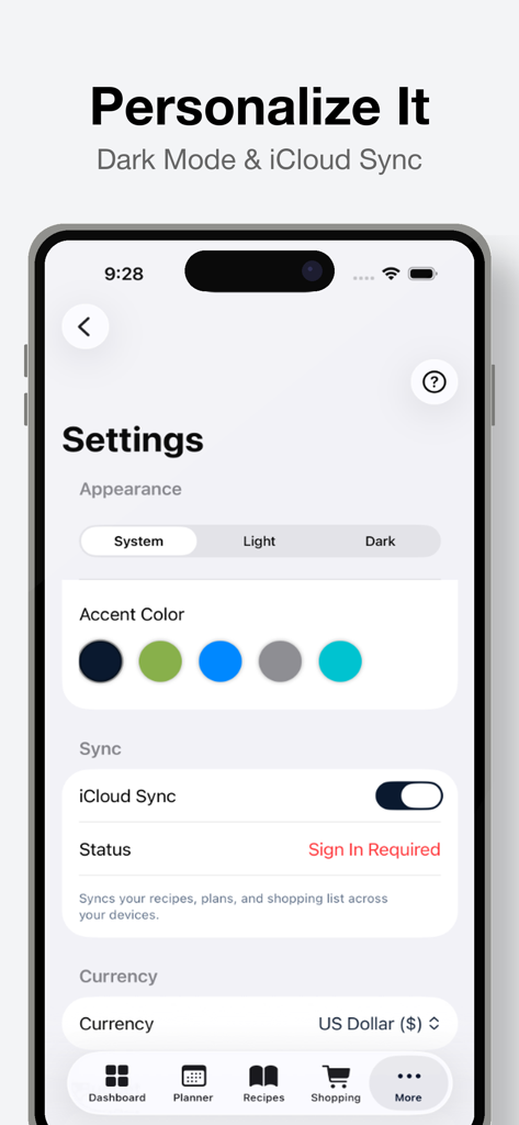 Tela de configurações do aplicativo Planejador de Compras e Refeições mostrando opções para cores de destaque do modo escuro e sincronização do iCloud