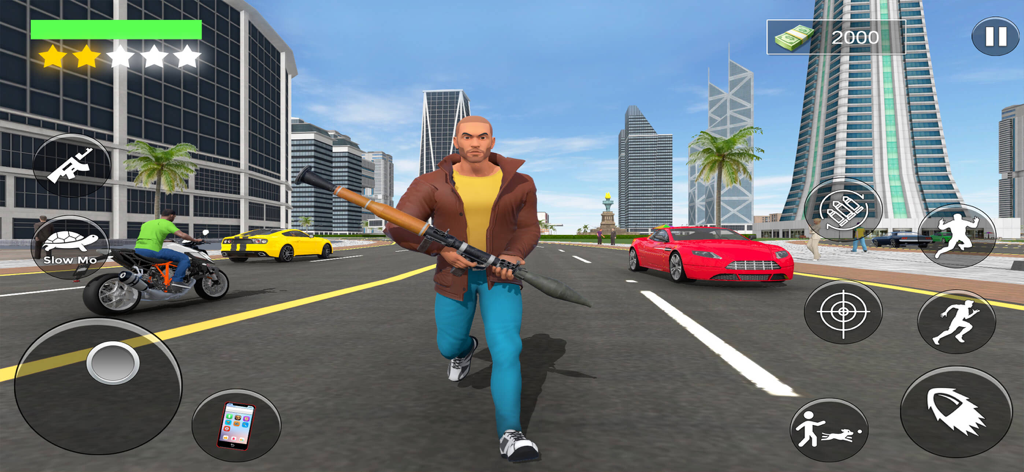 Gangster Life Open World Games - A character holding a rocket launcher in a city street with sports cars and skyscrapers