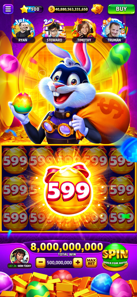 Cash Club Casino - Vegas Slots - Interfaz del juego de tragamonedas Cash Club Casino con temática de conejito de Pascua y notificación de gran premio