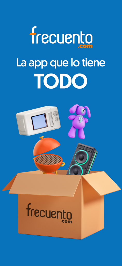 Frecuento - Tela inicial do aplicativo Frecuento apresentando uma caixa de entrega com eletrodomésticos, brinquedos e eletrônicos
