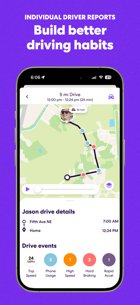 L'interface de l'application Life360 affiche un rapport de conduite détaillé incluant les habitudes de conduite et l'itinéraire.