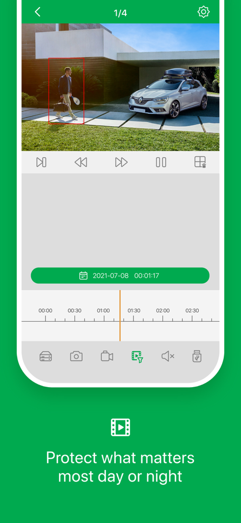Homeguardsafe - Homeguardsafe app interface showing remote video playback and AI human detection