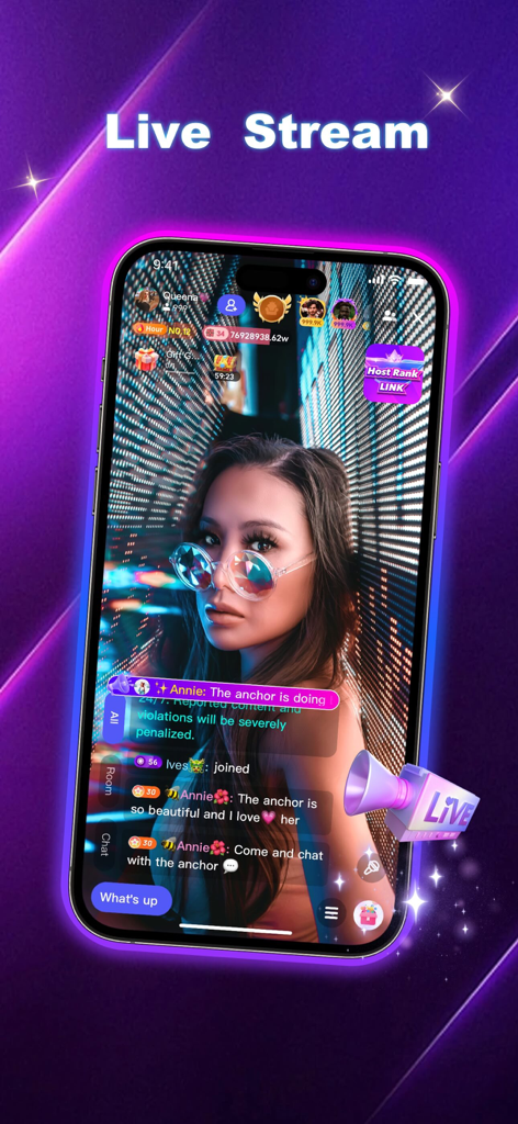 Poppo Live- Live Stream - Smartphone screen showing a live video stream on Poppo Live with host and interactive chat window