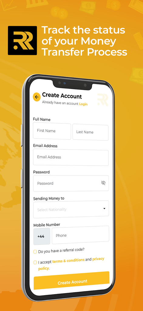Roze Remit - Registration screen of Roze Remit app showing fields for name, email, and password to create a new money transfer account.