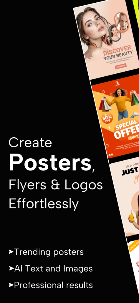Tela promocional para o aplicativo AI Poster Maker DrawPost mostrando opções para criar posters, flyers e logos sem esforço com ferramentas de IA