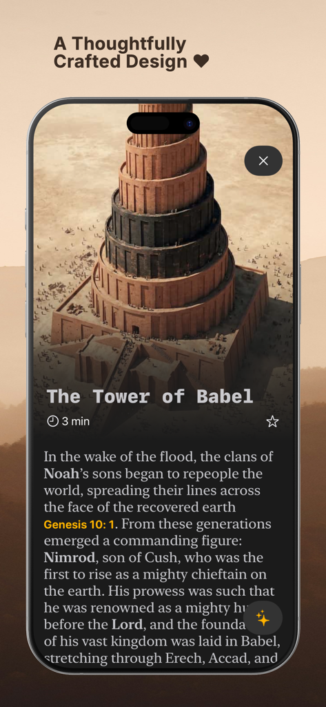 Interface de l'application Bible AI présentant l'histoire de la Tour de Babel avec un design moderne en mode sombre.