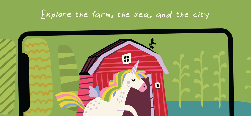 Peekaboo Barn - Baby Books - Peekaboo Barn app farm scene featuring a colorful unicorn and a red barn