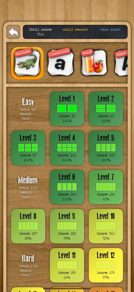 Memory • Platinium - Interface of the Memory Platinium game showing various level difficulty stages and card categories like animals and letters