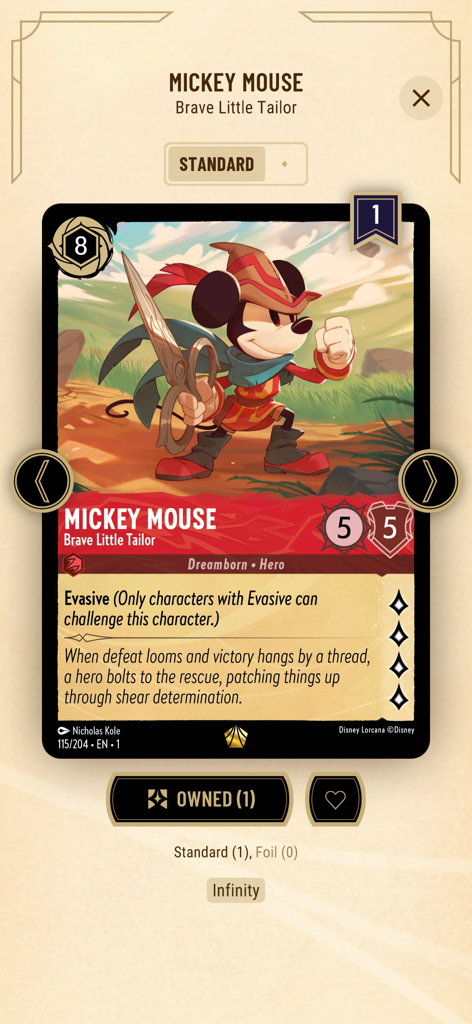 Disney Lorcana TCG Companion - Visão detalhada da carta Mickey Mouse, o Pequeno Alfaiate Corajoso, no aplicativo Guia Oficial do Disney Lorcana TCG
