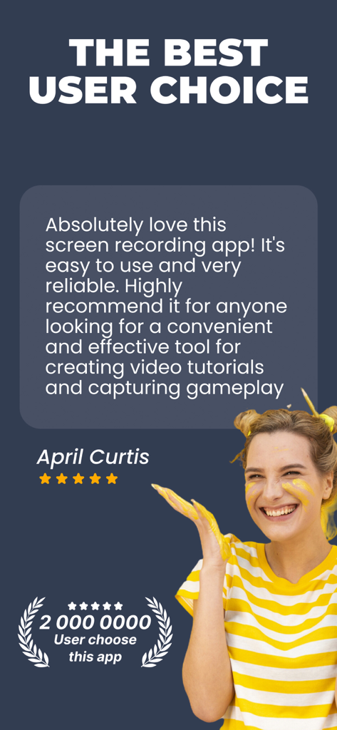 The screen & video recorder HQ - User testimonial and five star rating for the screen recording app featuring a happy content creator