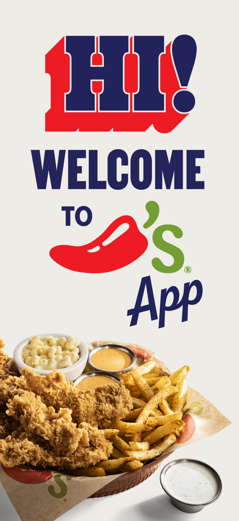Chilis - Welcome screen for the Chilis app with a basket of chicken tenders fries and mac and cheese