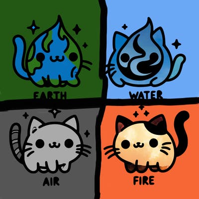 4 cats that represent the different elements, earth, water, air, and fire