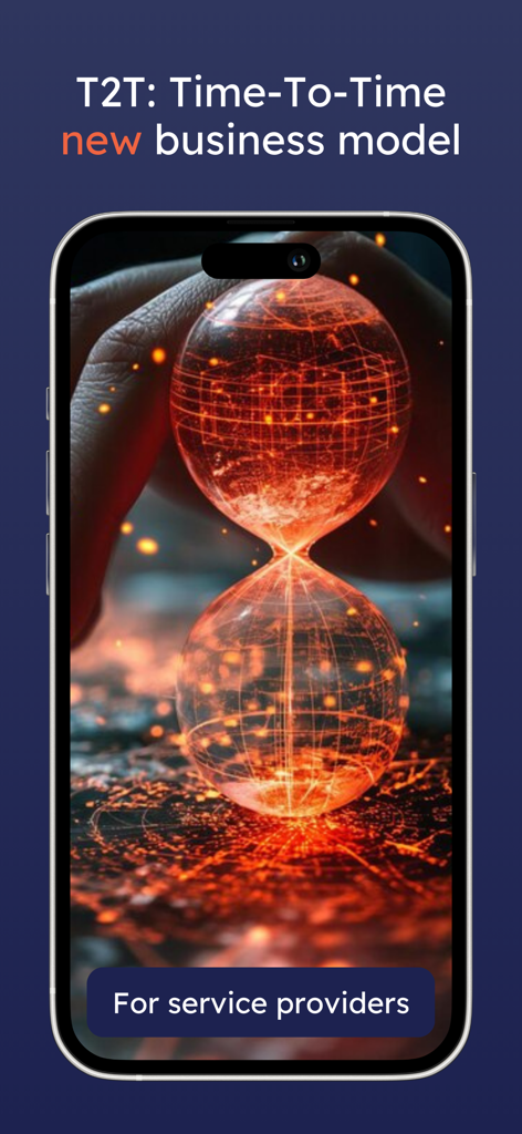 서비스 제공업체를 위한 T2T 시간-시간 비즈니스 모델을 보여주는 Timespex 앱 화면