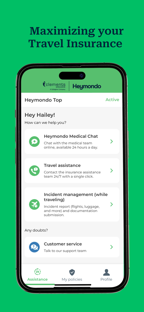 Smartphone screen displaying the Heymondo travel insurance app with options for medical chat and travel assistance.