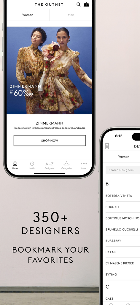 THE OUTNET: Luxury for less - THE OUTNET mobile app interface showing designer discounts and a list of luxury brands