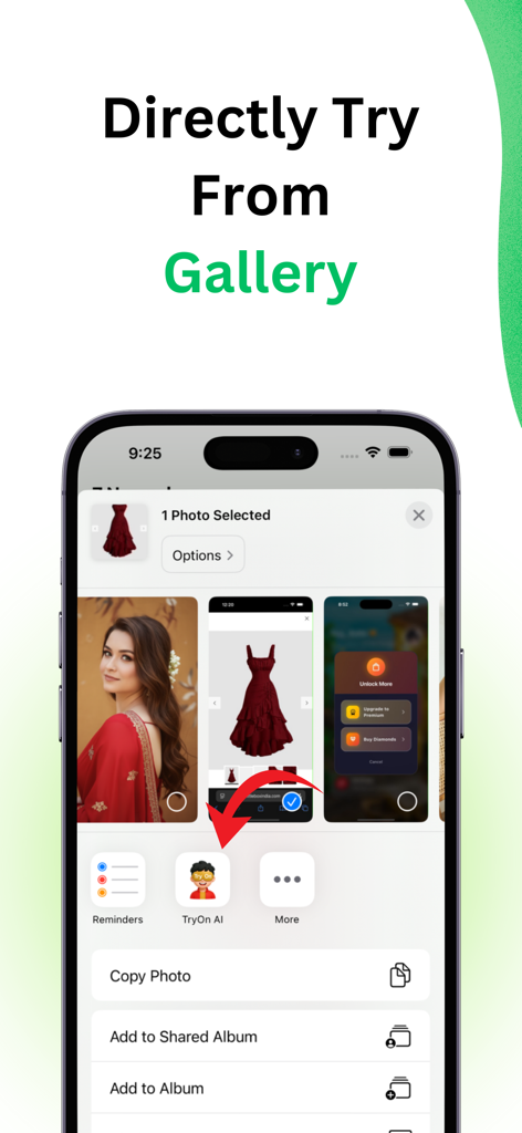 TryOn AI - try on any outfit - TryOn AI app extension icon visible in the smartphone photo gallery share sheet for direct virtual try-on