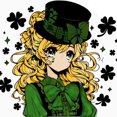 a manga-style girl with clovers around her, a little hat in her hair, like it's saint patrick's day