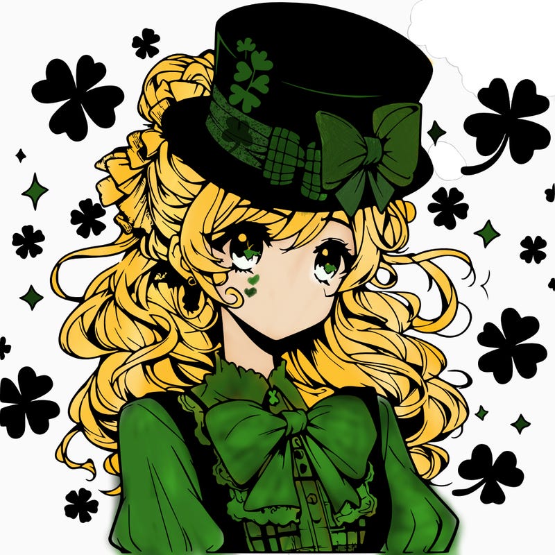a manga-style girl with clovers around her, a little hat in her hair, like it's saint patrick's day