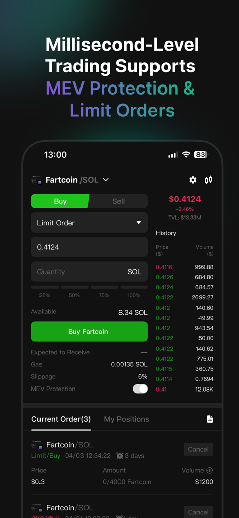 Ave Pro - Interface de negociação móvel do Ave Pro exibindo configurações de ordem limite e proteção MEV para tokens meme