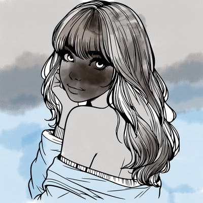 realistic girl with bangs looking over her shoulder