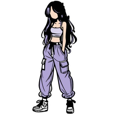 girl in baggy pants crop top and long hair