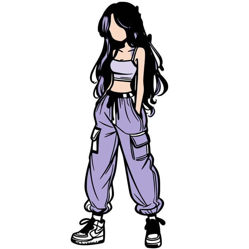 girl in baggy pants crop top and long hair
